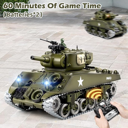1:18 RC Tank for Adult and Kid 2.4G US M4A3 Sherman Alloy Metal Tracks Model Toys RC Vehicle Tank That Shoots BBS with Smoke Lights Sound Military Army Toys with 2 Rechargeable Battery