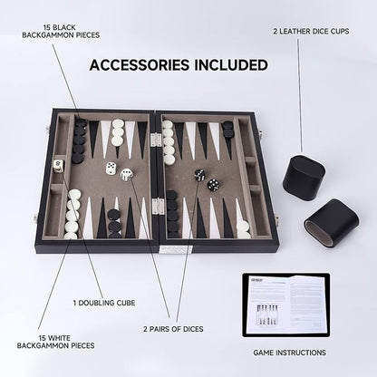 GSE Games &amp Sports Expert Premium Leather Backgammon Board Game Set Classic Backgammon Game Set with Leather Case Travel Folding Board Game (Black&ampGrey Small)