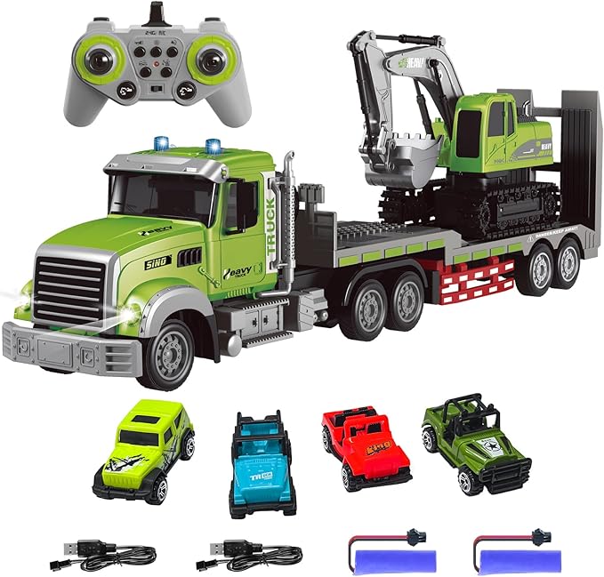Fistone RC Semi-Trailer Truck &amp Excavator Toy Set 1:12 Scale with Sound and Lights 2.4Ghz Remote Control Flatbed Truck and Excavator Toys for Boys 6-12 Years Old