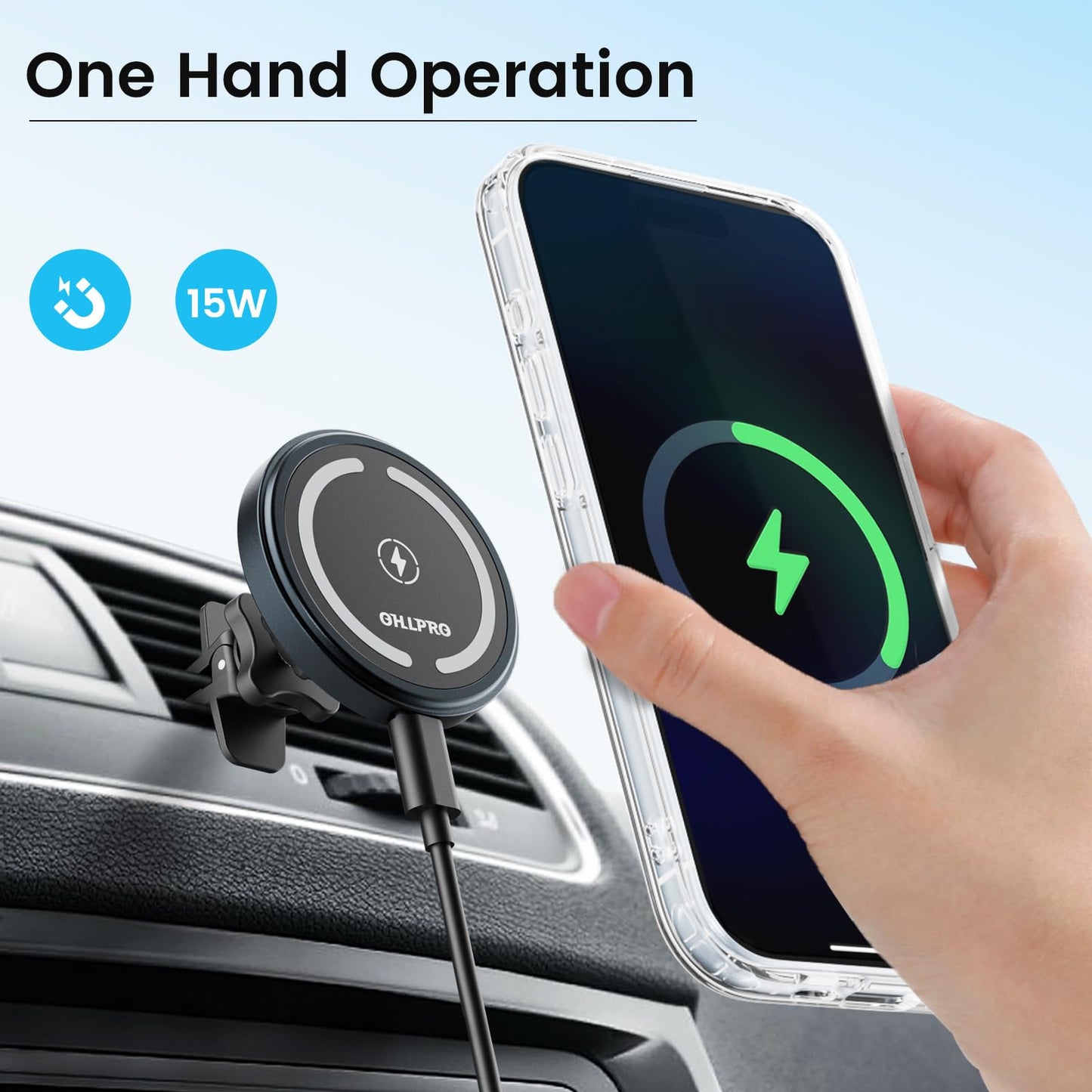 OHLPRO for MagSafe Car Mount Charger iPhone Wireless Car Charger, Stick on Dashboard Magnetic Phone Holder Mount for iPhone 16 Pro Plus Max 15 14 13 12 Series, 15W Fast Charging, Aluminum Shell