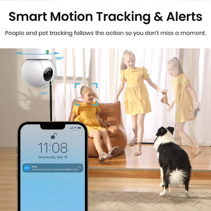AOSU 2K Security Camera Indoor, Baby Monitor Pet Camera 360-Degree for Home Security with 2.4 GHz Wi-Fi Router, One-Touch Call, Smart Motion Tracking, IR Night Vision, Compatible with Alexa
