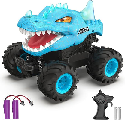 Dinosaur Remote Control Car 2.4GHz Monster Truck Toys Rechargeable RC Cars 1:24 Scale RC Truck with LED Light Movable Mouth Dinosaur Cars Toys for Kids Boys 6-8 8-12 Birthday Gift Blue