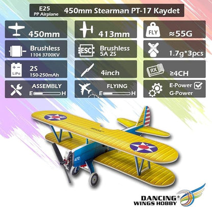 4CH Micro 450mm RC Foamy Indoor Outdoor Biplane Stearman PT-17 Kaydet (E2505-157E)