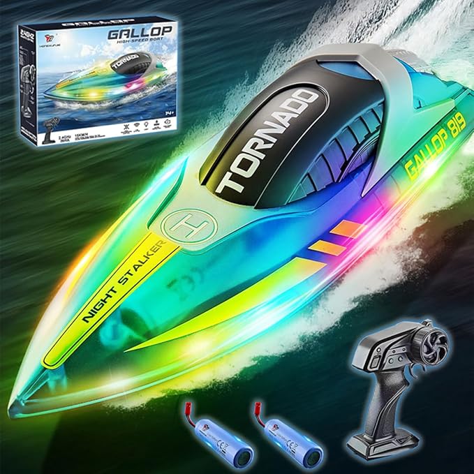 RC Boat with LED Light for Kids 15KM/H 2.4G Remote Control Boat with LED Lights RC Electric Boats for Pools and Lakes with Rechargable Batteries Toy for Adults and Kids