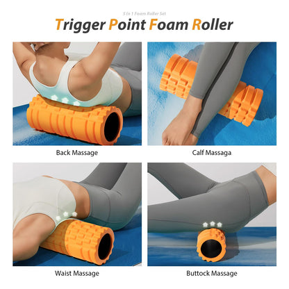 5 in1 Foam Roller Set, Trigger Point Foam Roller, Massage Roller Stick, Massage Ball, Resistance Band for Deep Muscle Massage Pilates Yoga,Fitness Exercise for Whole Body (Black-Red)