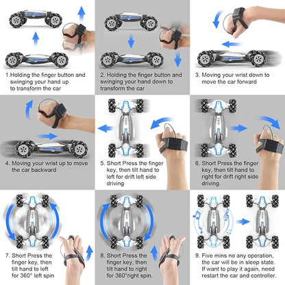 1:10 Scale Gesture Sensing Rc Stunt Car 4WD Remote Control Hand Controlled Transform  Double Sided Vehicle 360° Spins with Lights Music All Terrains Monster Truck for Boys Kids