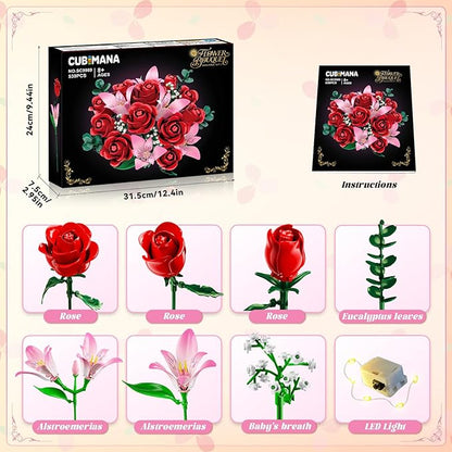 Rose Flower Bouquet Building Set with LED - Red Rose Botanical Collection Building Block Set for Adults Pink Lilies Artificial Plant for Home Decor Easter Gifts for Her Women Girls