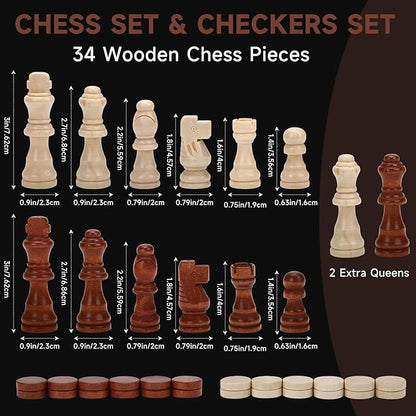 15 Wooden Chess Set | Folding Board 2 Extra Queens | Magnetic Chess Board Set for Adults &amp Kids Pieces Storage Slots Checkers Game for Kids Portable Travel Chess Game for Beginner