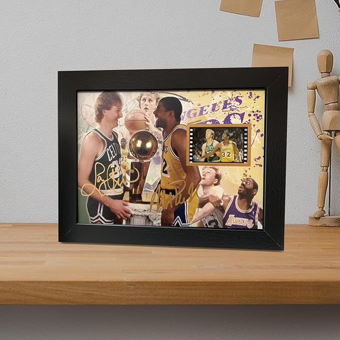 veratwo Signed Larry Bird &amp Earvin Johnson Basketball Poster Framed Photo Gift 8x6 Incheswith 1x 35mm Film DisplayCool Basketball Memorabilia Gifts for Huge NBA Fans