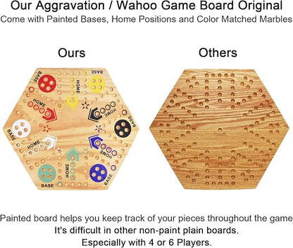 Original Marble Game Wahoo Board Game 16-Inch Double Side Painted Wooden Fast Track Board Game for 6 Player and 4 Player 6 Colors 36 Glass Marbles 8 Dice for Family Game Night Friends Party