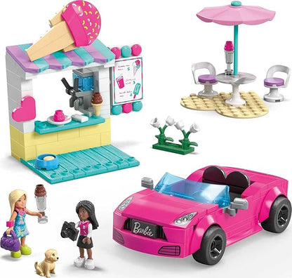 MEGA Barbie Kids Building Toy Set Convertible &amp Ice Cream Stand with 226 Pieces 2 Micro-Dolls and Accessories Pink Ages 6+ Years