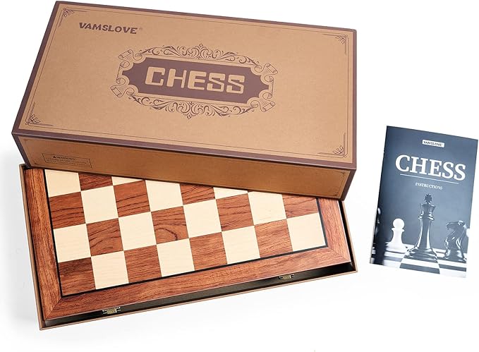 VAMSLOVE Chess Set Large 16''/42cm Folding Wooden Board with Deluxe Weighted Acrylic Chess Pieces - 3.5 King with Storage Slots for Adults House Warming Retirement Gift