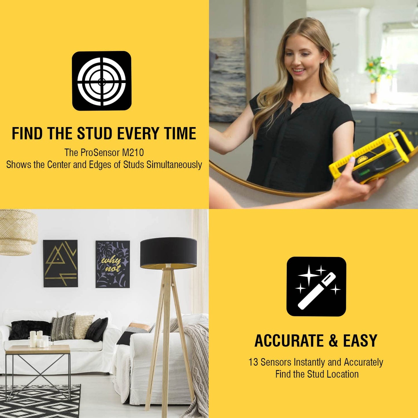 Franklin Sensors ProSensor M210 Stud Finder with 13-Sensors, Wood & Metal Stud Detector/Wall Scanner, Live Wire Detection, Made in The USA