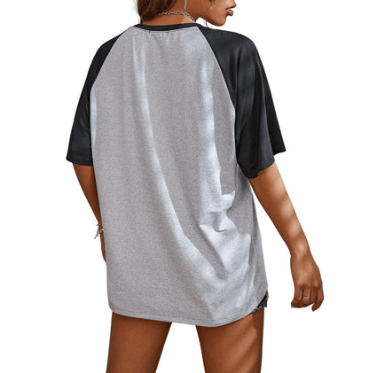 Remidoo Womens Short Sleeve Oversized T Shirt Color Block Crew Neck Casual Tee Tops Grey Large
