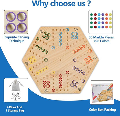 Wahoo Marble Board Game - Extra Large 23.6 Inches Game Board for 4 and 6 Players Classic Family Fun with 30 Marbles 6 Dice Storage Bag &amp Gift Box Bright Colors. (Extra Large Log)