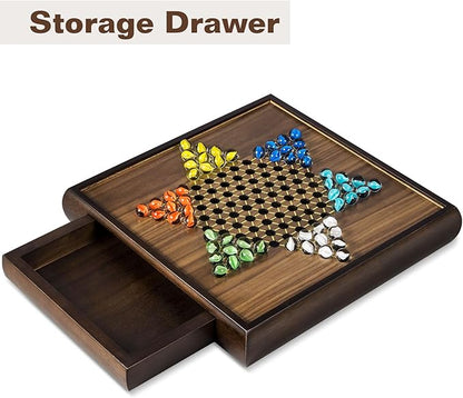 2 in 1 Magnetic Chess Set &amp Chinese Checkers 13 Wooden Board Game with Storage Drawer and 60 Glass Marbles + Bonus 12 Spare &amp 2 Extra Queensfor Kids and Adults