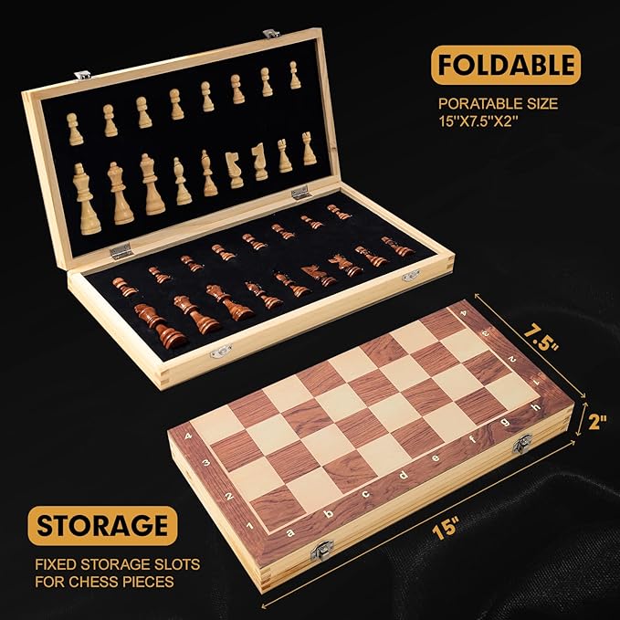 15 x 15 Magnetic Wooden Folding Chess Set with 2 Extra Queens Handmade Game Board Interior for Storage for Adult Kids Beginner Large Chess Board