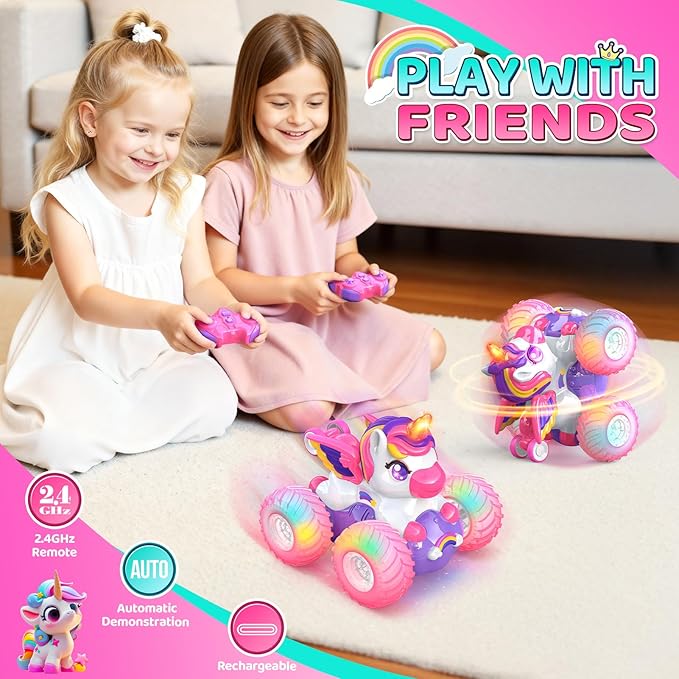 Unicorn Remote Control Car for Girls360° Rotating 4WD Stunt RC Cars with LightsPink Car Toys for KidsFun Indoor/Outdoor Toys Ideal Chritmas Birthday Gift for 3 4 5 6 7 8 Year Old Girl