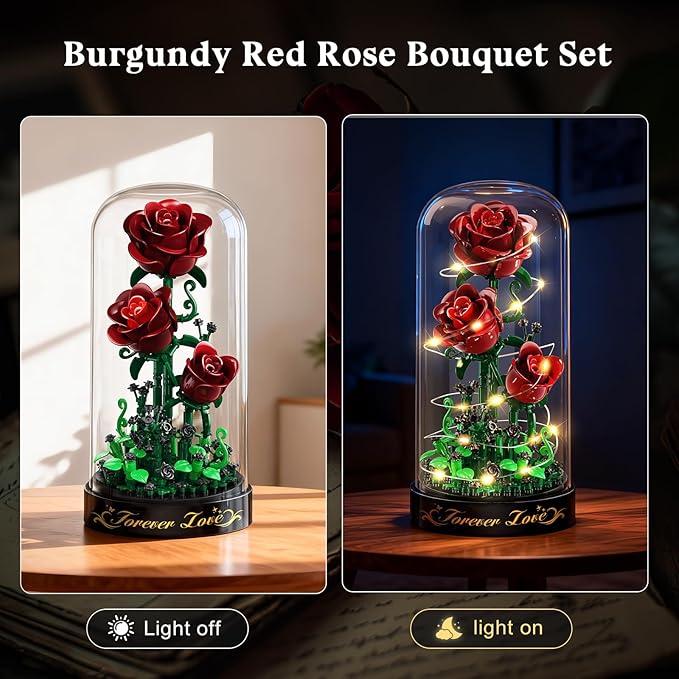 Flower Building Set with LED Light - 241 PCS Burgundy Red Rose Building Blocks Kit with Cover Easter Day Gift for Her Grilfriend Wife 3.6MM Mini Botanical Collection Block Toy Home Decor