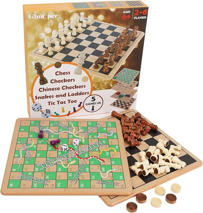 Glintoper 5-in-1 Wooden Board Game with 2 Reversible Boards for Chess Checkers Chinese Checkers Snakes and Ladders Tic Tac Toe Tabletop Combo Classic Portable Board Games for Kids to Adult