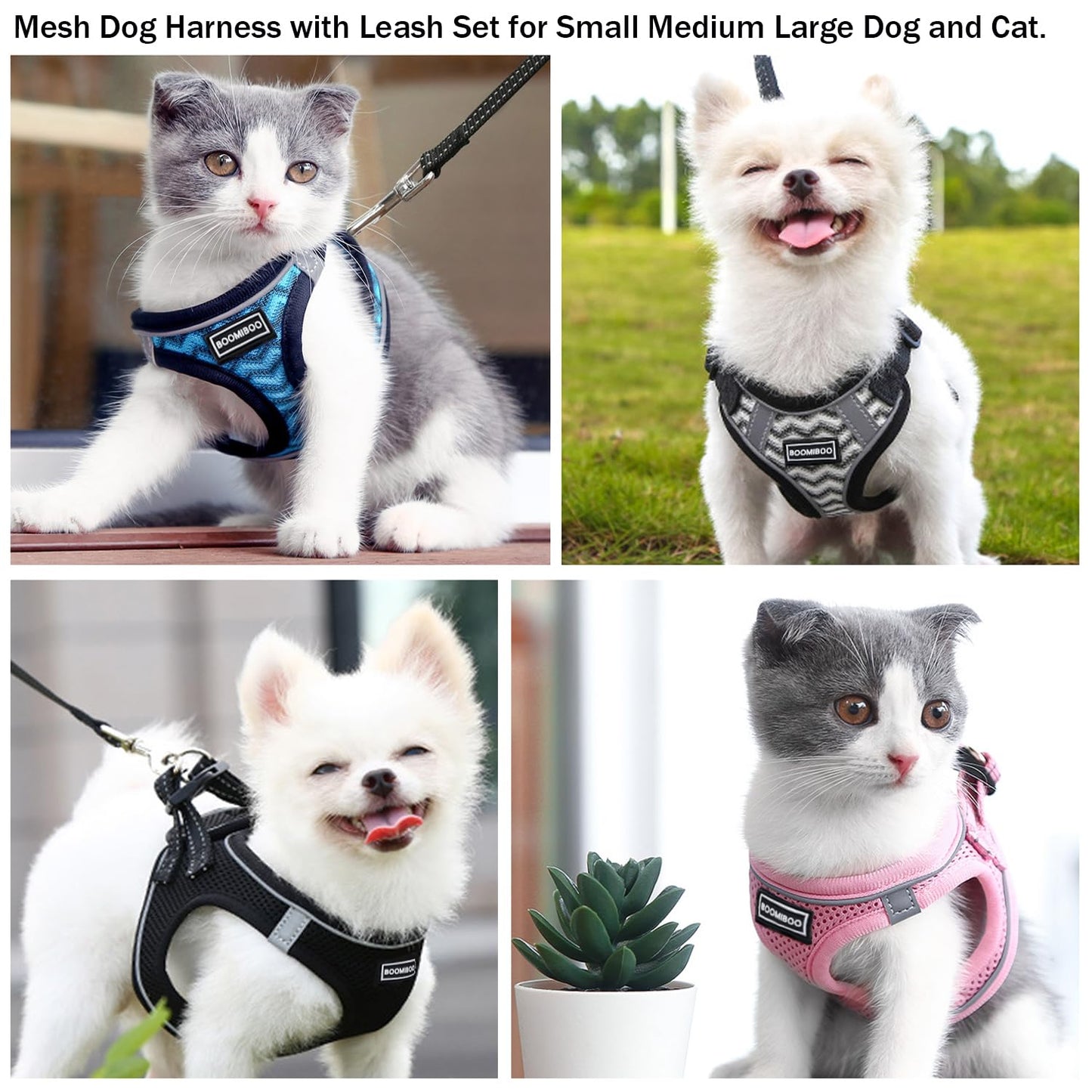 BOOMIBOO Dog Harness with Leash Set, No Pull Adjustable Reflective Step-in Puppy Pet Vest Harnesses for Small Medium Large Dogs and Cats,Pink M