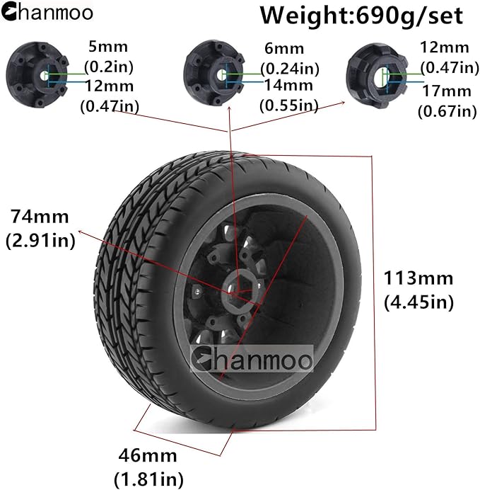 1/10 RC Short Course Truck Tires And Wheels With 12mm 14mm 17mm Hex 113mm 1/8 Rubber Tyres For 1/8 or 1/10 Scale On Road Car HSP Sonic 94102 GT PTG-2 Tamiya TT02 RC Racing Car 4PCS (Orange A)