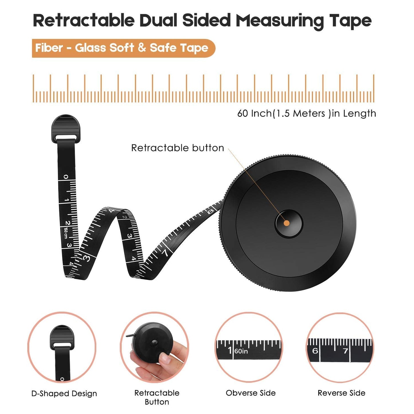 iBayam 2 Pack Tape Measure Measuring Tape for Body Fabric Sewing Tailor Cloth Knitting Vinyl Home Craft Measurements, 60-Inch Soft Fashion Pink & Retractable Black Double Scales Rulers for Body Weight