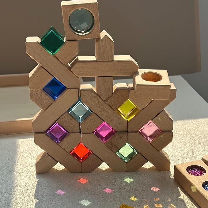 22PCS Wooden Cross Shape Blocks with Colorful Acrylic Sparkling Square Monochrome Kaleidoscope Gem Educational Construction Toy for Toddlers (22PCS Fence Mixed)
