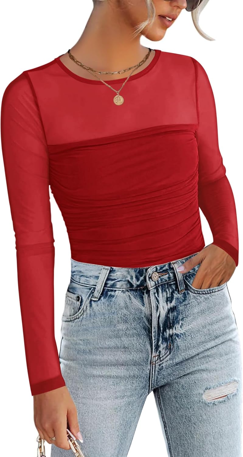Zeagoo Long Sleeve Shirts for Women Sheer Mesh Sexy Blouses Fall Fashion Crewneck Going Out Tops