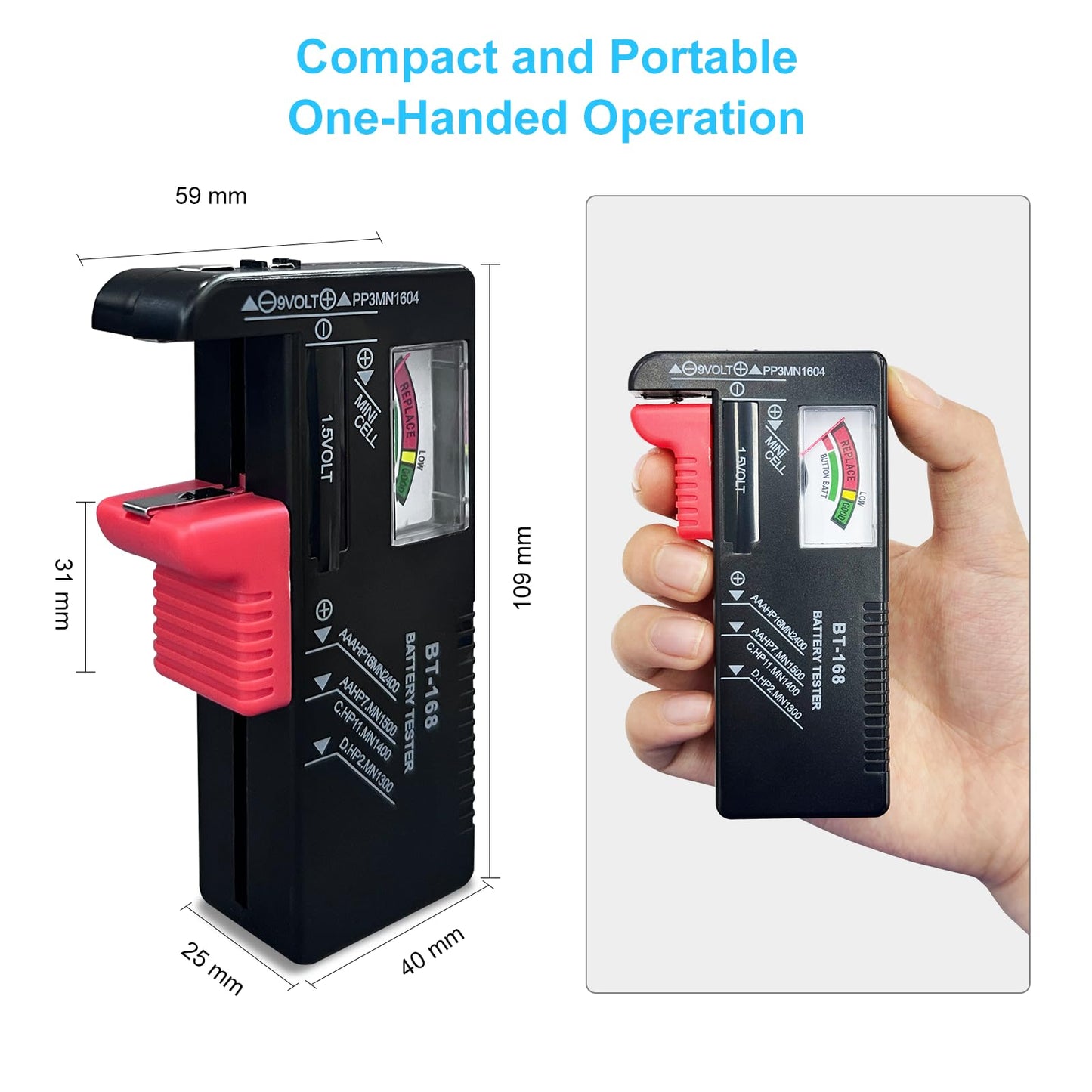 Dlyfull Battery Tester, Small Battery Testers Universal Battery Checker for AAA AA C D 9V 1.5V Button Cell Household Batteries