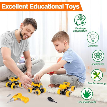 LUDILO 4PCS Take Apart Toys for 4 Year Old Boys Construction Toys with Electric Drill DIY Assembly Building Stem Toys Trucks Gifts for 3 4 5 6 7 8 Year Old Boys Girls Kids Learning Educational Toys