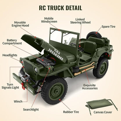 Remote Control Truck Off Road - 4x4 1/10 Scale Willys Army Rock Crawler RC Truck with Winch&ampCar Cover 40Mins Play Time All Terrain Offroad RC Car Military Vehicle Toys for Boys Radio Controlled