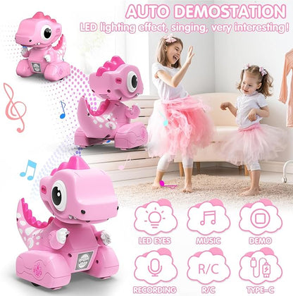 Remote Control Car Pink Dinosaur Toy 2.4GHZ Remote Control Girls Dinosaur Toys Pink RC Drifting Car Recording and Repeating LED Lights Eyes Music RC Cars Toys for Kids Boys Birthday Gift