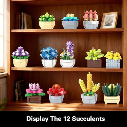 Flowers Succulents Building Sets 12 Tiny Plants Office Home Decor Botanical Collection Building Block Toy Creative Birthday Housewarming Gifts Artificial Plant Kit for Kids Adults Women (1174 PCS)