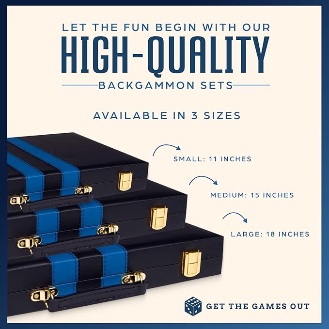 Get The Games Out Top Backgammon Set - Classic Board Game Case - Best Strategy &amp Tip Guide - Available in Small Medium and Large Sizes (Blue Large)