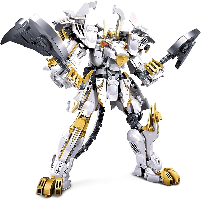 HIGH GODO Mech Robot Building Blocks Set for Adults Flexible Cool White Tiger Warrior Model Kit with Two-Handed Axes Weapon Toy Playset 679 Pieces Creative Mythical Ninja Gifts for Man Teens 14+