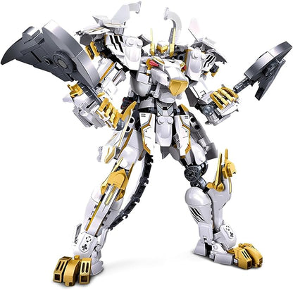 HIGH GODO Mech Robot Building Blocks Set for Adults Flexible Cool White Tiger Warrior Model Kit with Two-Handed Axes Weapon Toy Playset 679 Pieces Creative Mythical Ninja Gifts for Man Teens 14+