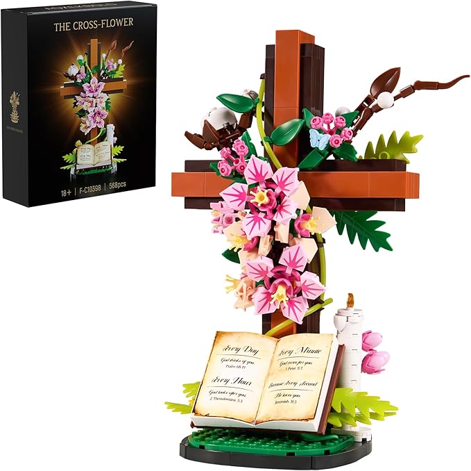 Jesus Cross Flower Building Set Religious Cross Collectibles Compatible with Lego Jesus Catholic Building Toys Easter Christian Birthday Gifts for Mothers Women or Adults (568 PCS)
