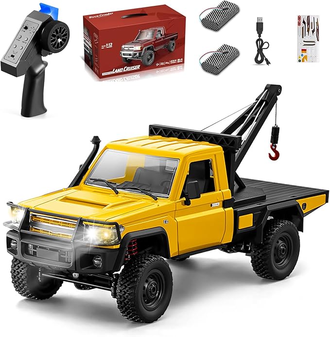 RC Crawler 1:12 Scale New Upgrade MN82-T RC Truck Crane 4WD LC79 Off Road Remote Control Pickup with Lights All Terrain Wrecker Vehicle for Teens Adults (Yellow)