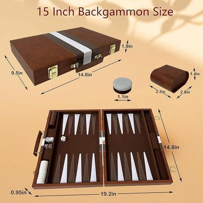 Large Backgammon Sets for Adults Classic Board Games Portable and Travel Backgammon Set with Premium Leather Case (15 Inch)