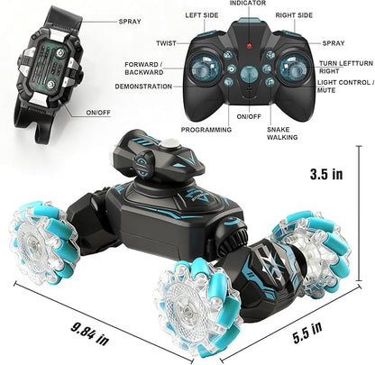 Gesture Sensing Remote Control Car RC Cars Toys for Boys Age 6-12 4WD Hand Controlled Twist &amp Transform 360° Spins Stunt Car with Mist Light &amp Music 8-10 Year Old Boys Birthday Gift Blue