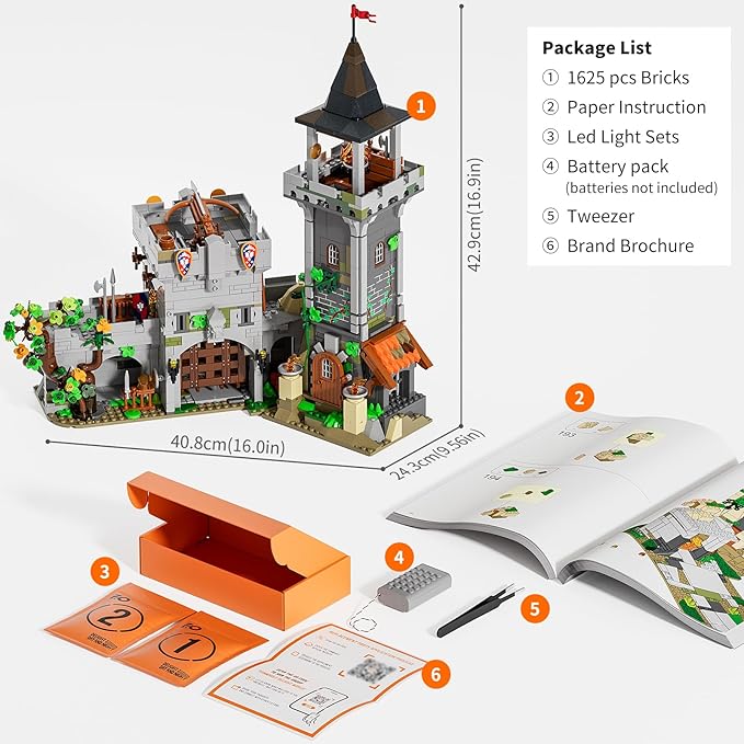 FUNWHOLE Medieval Watchtower Lighting Building-Bricks Set - Guardiance Castle with Soldier Farmer Minifigures Collectible Display Set 1625 Pcs for Adults and Teen