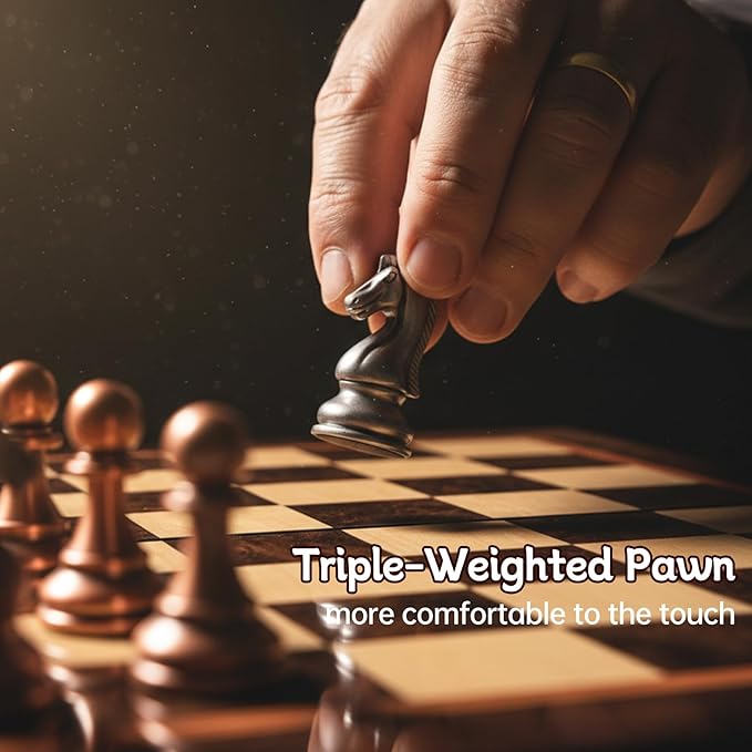Ajedrez Luxury 15 Wooden Chess Set - Folding Board with Piano Finish | Weighted Metal Chess Pieces | Portable Travel Game for Adults &amp Kids | Premium Gift