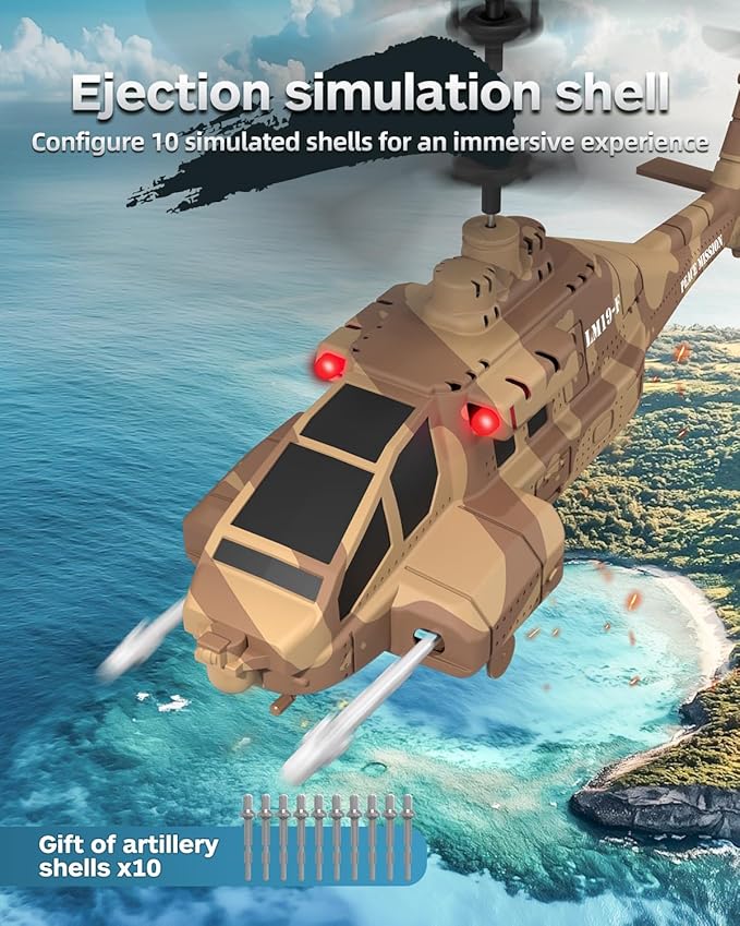 RC Helicopter with Missiles 2.4GHz Remote Control Army Helicopter for Beginners &amp Adults Military Helicopter LED Lights Altitude Hold One-Key Take Off Gift for Military Fans (Brown)