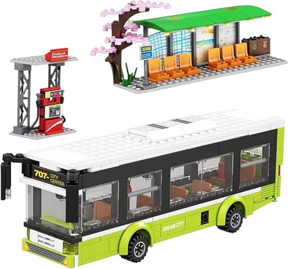 General Jim's City Bus Building Blocks Set - 415-Piece Urban Playset with Functional Doors Removable Top and Bus Stop - Compatible with Major Brick Building Brands