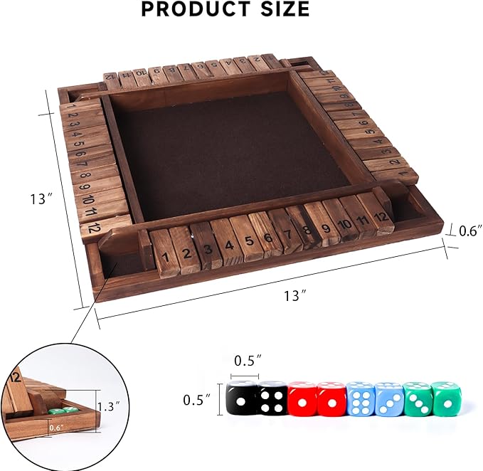 GSE Games &amp Sports Expert 1-4 Player Wooden Shut The Box Board Game with 8 Dice. 4-Way 12 Numbers Shut The Box Dice Set of Popular English Pub Board Game - Walnut