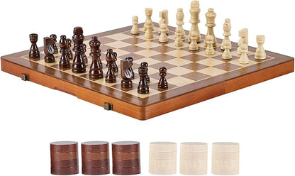 VEVOR 15-inch Magnetic Wooden Chess Set 2-in-1 Folding Chess and Checkers Game for Adults and Kids Portable Travel Chess Set with 2 Queens Ideal for Tournaments Professionals and Beginners