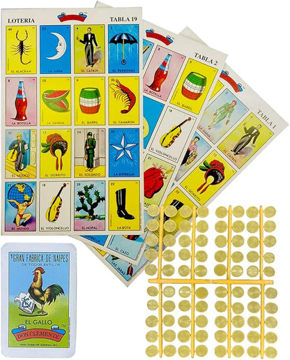 Loteria Mexicana Tradicional Mini Don Clemente 20 Jugadores 160 Fichas - Mexican Bingo Medium Board Game Set 160 Counting Plastic Chips for 20 Players with Deck of 54 Cards and 20 Boards