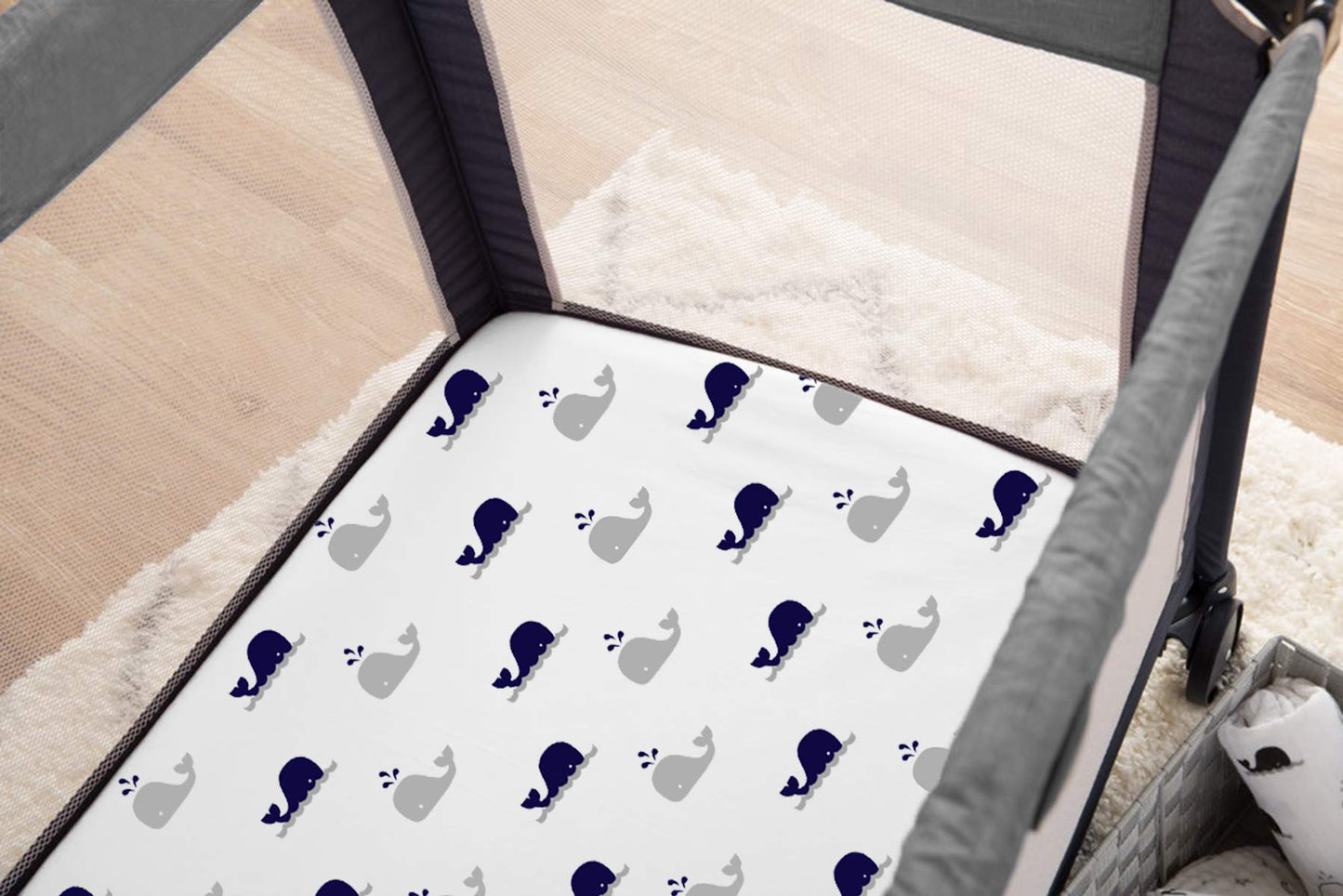 American Baby Company 100% Natural Cotton Fitted Pack and Play Sheet 39" x 27" - Soft & Breathable Pack N Play Sheet for Playpen, Playard & Mini Crib Mattress, Navy Whale, for Boys & Girls