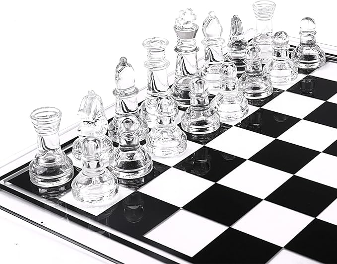 35cm/13.8 Glass Chess Set with Clear &amp Black Pieces – Elegant Transparent Board Game for Adults &amp Beginners Home Decor &amp Gift Choice